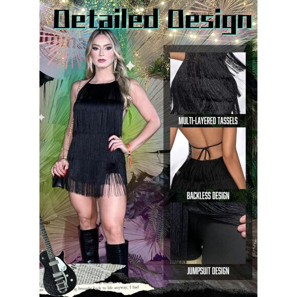 🆕 Women Black Fringe Dress Jumpsuit Sexy Western Country Concert Tassel Romper - Picture 3 of 8